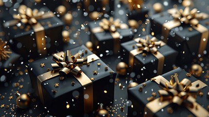 A black box with gold ribbons and gold ribbons sits on a black background with gold stars.