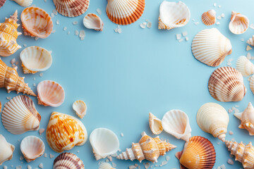 A vibrant collection of seashells spread out artistically on a blue canvas background, accompanied by coarse salt crystals, creating a delightful coastal display.