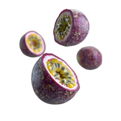 Passion fruit (passiflora) whole and sliced in the air against a transparent background