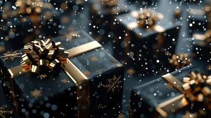 A black box with gold ribbons and gold ribbons sits on a black background with gold stars.