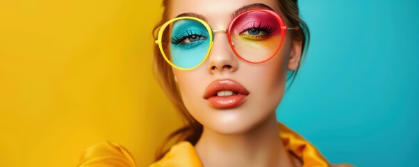 Fototapeta premium A woman with bright orange and pink makeup on her face. The colors are bold and vibrant, giving the impression of a fun and energetic mood. Free copy space for text.