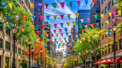 Naklejka premium Colorful decorations and festive banners in urban setting for May Day parade celebration, urban, unity, May Day, parade, community, spring, festivities, labor day, colorful, decorations