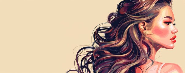 An artistic representation of a woman in profile with long, flowing hair rendered in warm, golden tones, emphasizing beauty and movement. Free copy space for text.