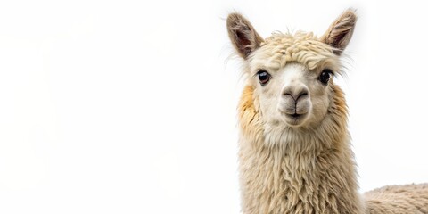 Fototapeta premium Alpaca isolated on white background, Alpaca, fluffy, animal, cute, llama, woolly, domestic, herbivore, mammal, South America, white, isolated, fur, livestock, fluffy, adorable, farm, furry