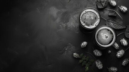 Horizontal banner. International Beer Day. Two glasses of cold light beer on a dark table. Black an white photo. Top view. Free space for text, copy space
