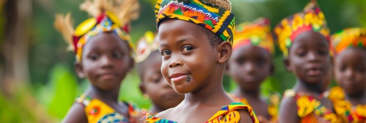Benin Independence Day. Horizontal banner. Smiling children in national costumes. Free space for text