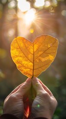 Heart-shaped autumn leaf held in hands with sunlight filtering through, nature and warmth concept