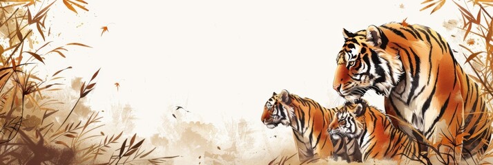 Horizontal banner. International tiger day, Tiger family among green leaves, light background. Wildlife conservation concept. Environmental protection, animal protection. Free space for text