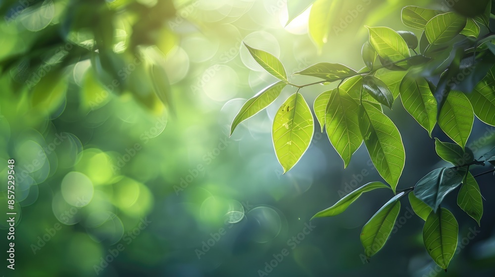 Poster blurred green leaf nature background with sunlight and bokeh for ecology concept