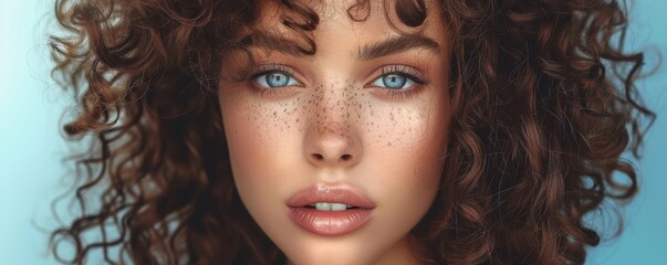 A woman with curly hair and a tan complexion is smiling at the camera. She has a light makeup look on her face. Free copy space for text.