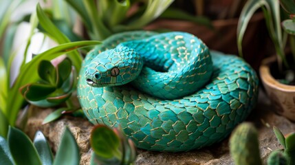 Fototapeta premium Vibrant Green Coiled Snake in Lush Succulent Garden - Generative AI