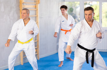 Obraz premium Motivated sporty man wearing white kimono and black belt performing kata routines to hone martial arts skills in training room with group of karate practitioners