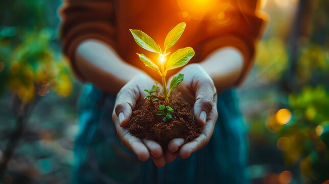 A persons hands cradle a small sapling with soil, bathed in the warm glow of sunset