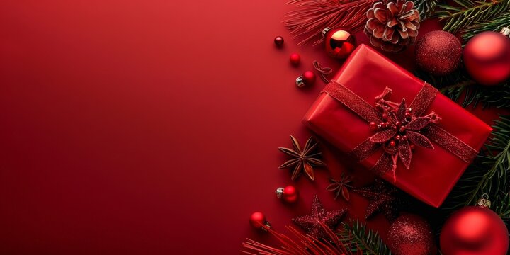 A beautifully decorated red Christmas gift box stands out on a festive background, adding to the joy and celebration of the holiday season. It enhances the cheerful atmosphere with its elegance