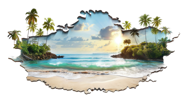 Sunny summer landscape with white sand beach cut out on a transparent background