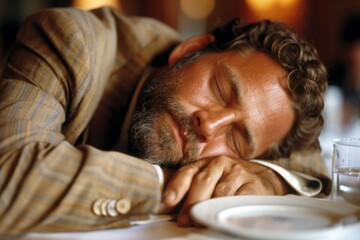 Exhausted man in a striped suit taking a nap on a restaurant table during broad daylight, showcasing the need for a mid-day break