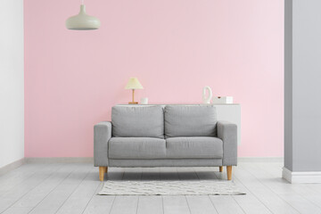 Soft sofa with lamp and carpet in living room