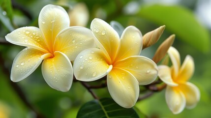 Fototapeta premium A close-up of beautiful yellow frangipani flowers with delicate water droplets on their petals in a lush, green outdoor garden setting