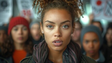 Obraz premium A young woman with striking eyes and curly hair stands determined among a group of diverse individuals during a passionate protest with signs in the background