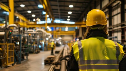 Industrial factory worker in safety gear overseeing production process