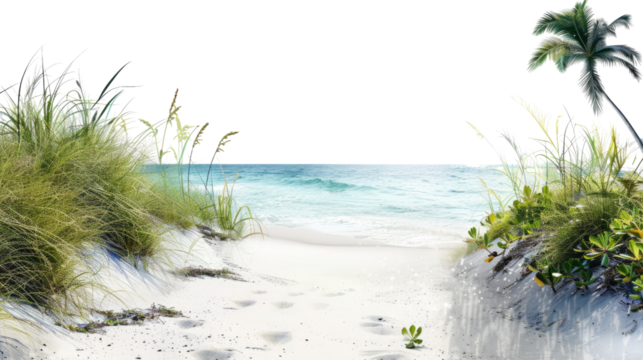 Sunny summer landscape with white sand beach cut out on a transparent background