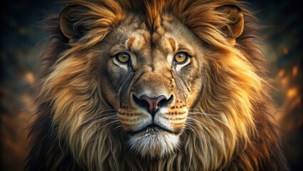 Naklejka premium Close up digital art of a majestic lion's face , lion, wildlife, animal, predator, close up, digital art,fierce, mane, wild, big cat, majestic, teeth, eyes, powerful, strength