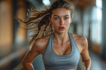 Fototapeta premium Woman Running on a Treadmill in a Gym