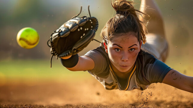 picture of softball girl diving to catch ball.