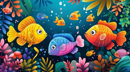 An eye-catching artistic creation showcasing a colorful group of fish amidst a lush underwater garden with vibrant plants, adding an enchanted, whimsical touch to the aquatic scene.