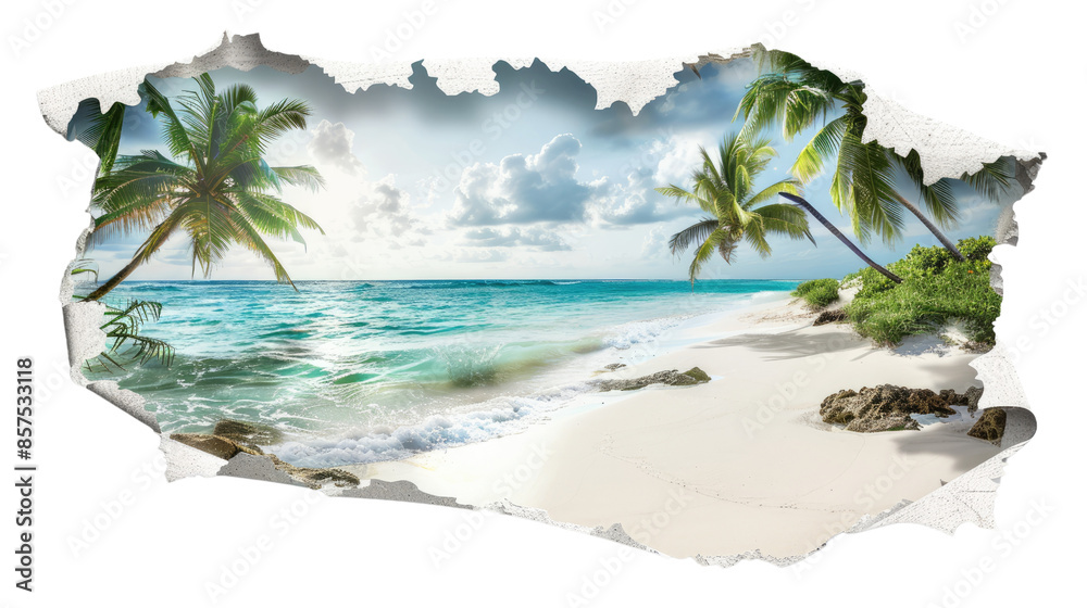 Wall mural sunny summer landscape with white sand beach cut out on a transparent background