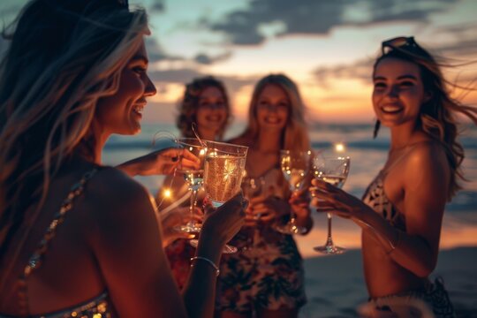 An assorted group of women bonding at a scenic beach party, enjoying tropical drinks as the sun sets. Laughter and joy fill their festive gathering by the ocean, creating cherished memories