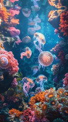 Naklejka premium Jellyfish swimming in a vibrant coral reef