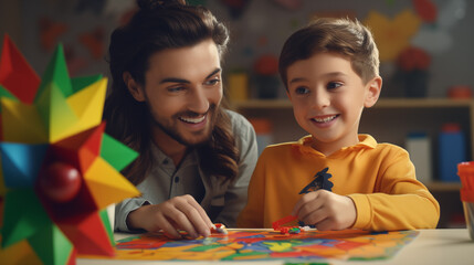 A young boy with a bright smile engages in a hands-on activity with his school tutor in a colorful classroom setting.