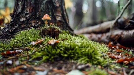 Obraz premium A close-up image of a vibrant mushroom growing amidst a lush bed of green moss, surrounded by fallen leaves and the base of a tree trunk in a serene forest setting