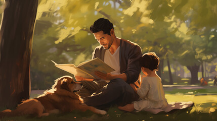 A young dad, sitting under a tree in a park, reading a book to his children who are sitting on a blanket, with a gentle breeze rustling the leaves and a picnic basket nearby.