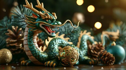 Fototapeta premium Majestic Green Dragon Ornament in Festive Setting, Generative AI