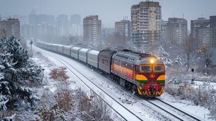 The image captures a vibrant train making its way through a snowy urban landscape with tall buildings in the background on a cold winter day