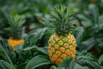 Fototapeta premium A vibrant pineapple plant flourishing in a lush green field with dew-covered leaves under a serene morning light, signifying natural growth and fresh produce