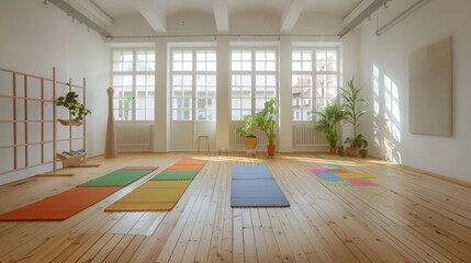 Obraz premium Modern Yoga Studio with Natural Light and Wooden Floors, Generative AI