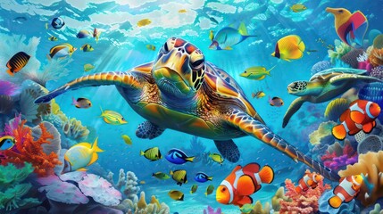 turtle with group of colorful fish and sea animals with colorful coral underwater in ocean. Generative AI