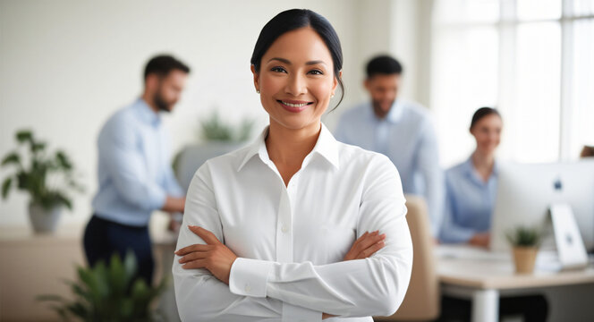 woman boss in the office wide smile arms crossed office background