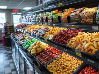 Obraz premium A brightly lit grocery store aisle filled with various fresh fruits, vegetables, packaged goods, and snacks on display