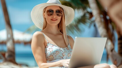 A woman wearing a white hat, freelancer working on vacation