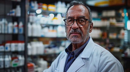 Fototapeta premium Portrait of mature man pharmacist stand in the pharmacy and work