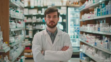 Portrait of adult man pharmacist stand in the pharmacy and work