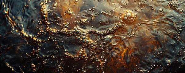 An intricate and mesmerizing close-up of a liquid surface showing a myriad of bubbles and reflections, resembling abstract art with golden hues and exquisite patterns