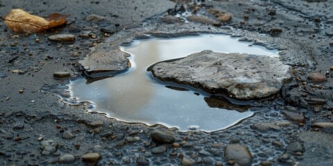 A close-up view of a shallow puddle on a rough, pebble-strewn asphalt surface, with a reflection of the sky, highlighting the textures and contrasts between water and ground