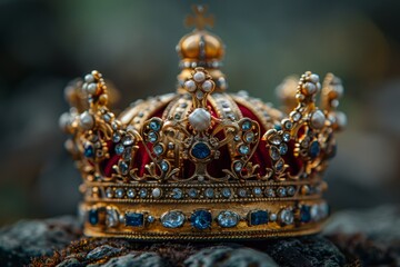 Fototapeta premium A close-up view of an intricately designed, bejeweled royal crown adorned with precious jewels and pearls resting on a textured surface in a regal and majestic setting
