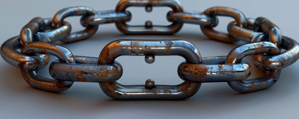 A rusted metal chain forming a circular shape with interlocking links against a neutral background, showcasing the contrast of aged texture and metallic sheen