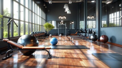 Modern Fitness Gym with Sunlight, Generative AI